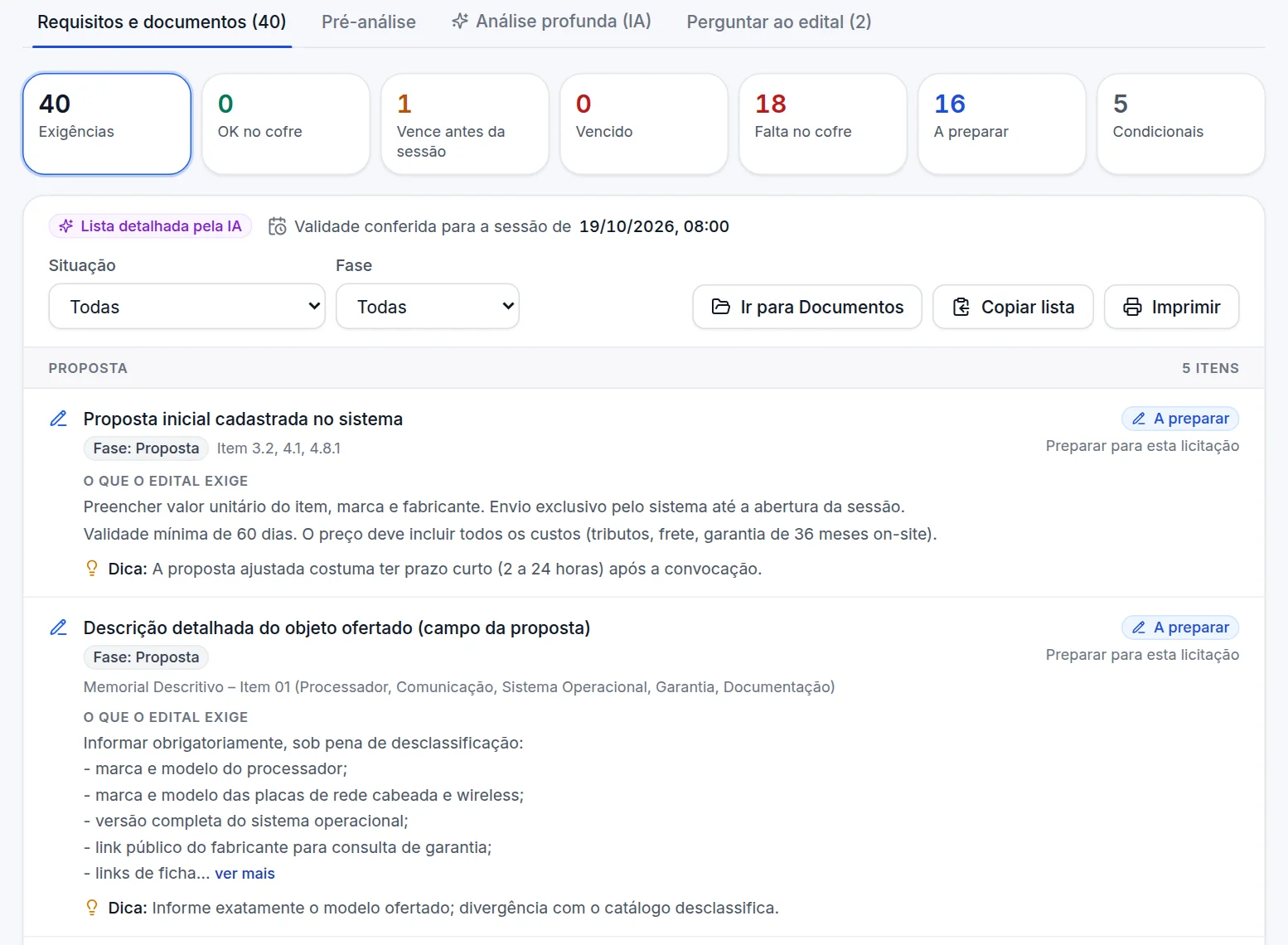 Tela de requisitos de um edital de pregão: 40 exigências separadas por fase, com a situação de cada documento no cofre da empresa