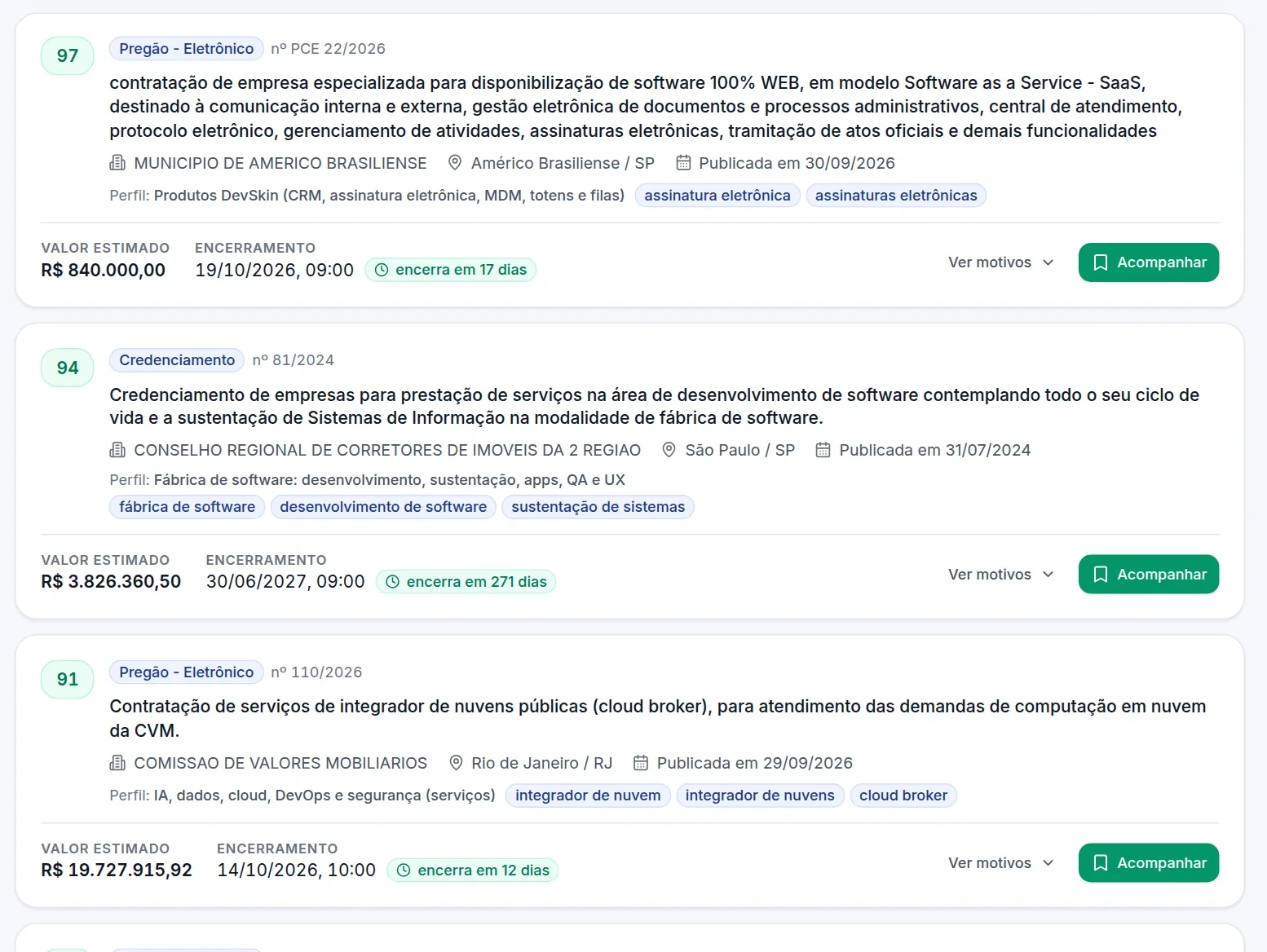 Tela Licitações Estratégicas: licitações abertas do PNCP ordenadas por pontuação de aderência ao perfil da empresa, com valor estimado e prazo de encerramento