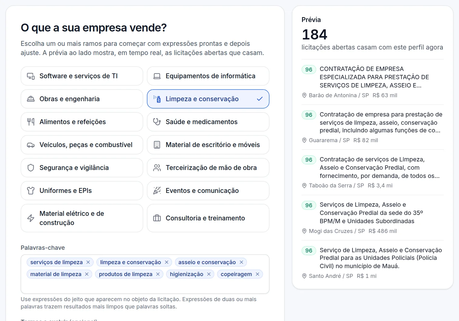 Tela de criação do perfil de busca: ramos de atuação, palavras-chave e prévia ao vivo com 184 licitações abertas que casam